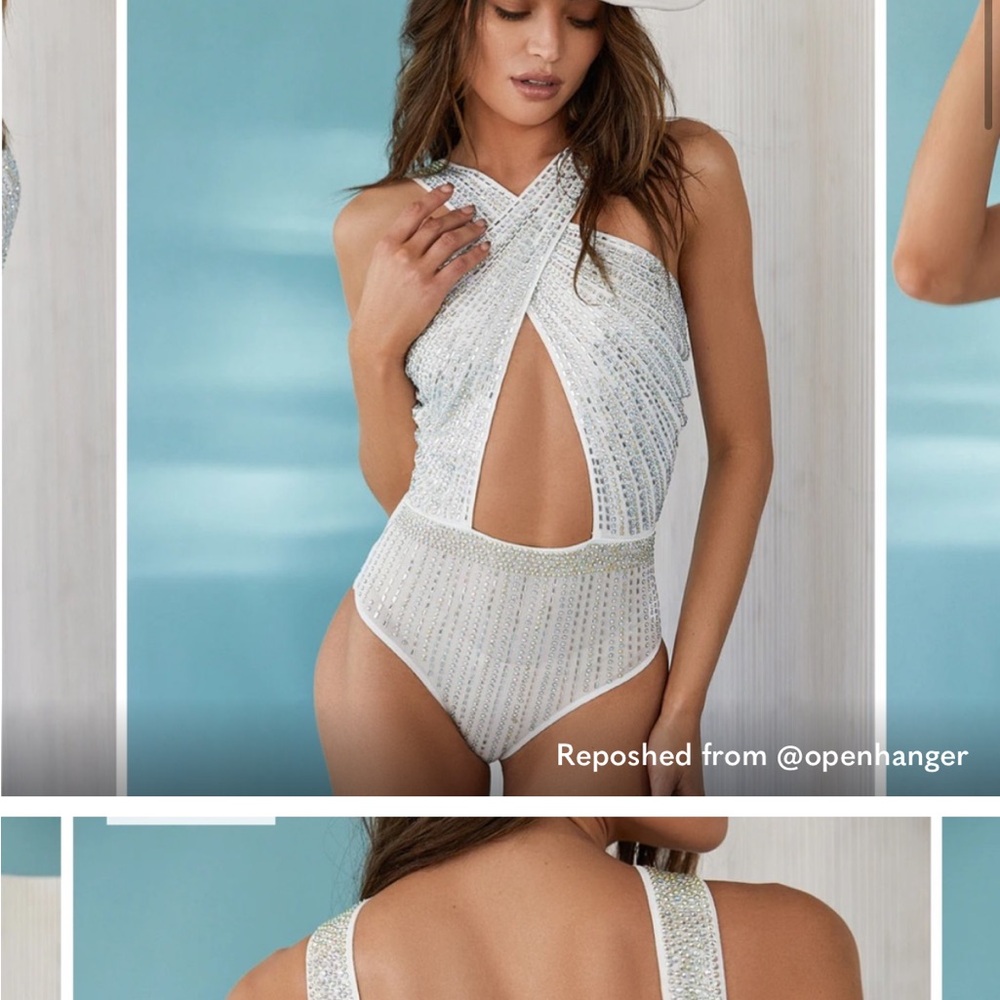 12th Tribe White Beaded Crisscross Halter Bodysuit